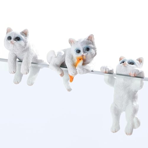 Cute Cat Figures Aquarium Miniature Decoration with Fishing and Lying Down Model Statue for Fish Tank Decorations and Ornament (3 Pcs White Cats) - color: 3 Pcs White Cats