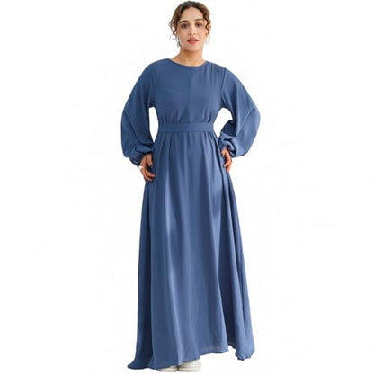 Muslim Women Abaya Dress Breathable Front Zipper&Pockets&Belt Prayer Robe - color: Blue, size: X-Large