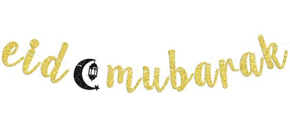 Eid Mubarak Banner, Ramadan Mubarak Banner for Hajj Eid Umrah Islamic Festival Muslim Party Decorations Supplies Gold Glitter