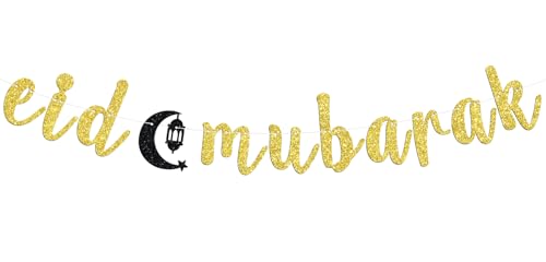 Eid Mubarak Banner, Ramadan Mubarak Banner for Hajj Eid Umrah Islamic Festival Muslim Party Decorations Supplies Gold Glitter