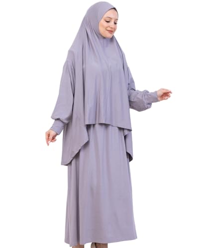 Prien Soft Prayer Dress For Women, Muslim Abaya Hijab Set, Long Turkish Cotton Praying Outfit, Islamic Clothes For Ramadan - color: Grey