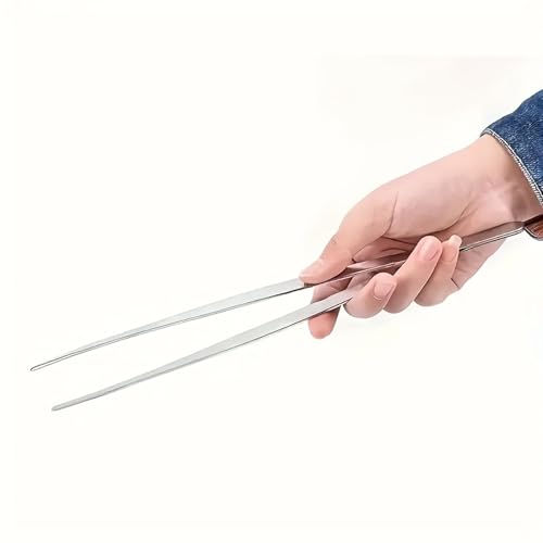 2 Pack Long Stainless Steel Tweezers Set, Heavy Duty Straight & Curved Tongs with Serrated Tips, Multi-Purpose Extended Tweezers for Bonsai Care, Aquarium Aquascaping, Terrarium and Crafting