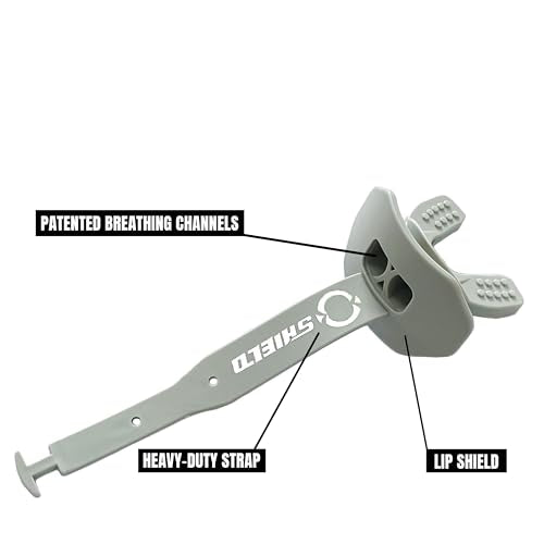 O Shield Striker Football Lip Guard with Permanent Strap | Football Lip Guard with Permanent Strap — Front Teeth, Lip, and Full Bite-Surface Coverage, No-Boil Ready Fit - color: Grey/Silver