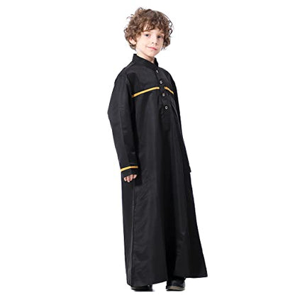 IBTOM CASTLE Robe for Boys Muslim Long Sleeve Thobe Abaya Saudi Arab Kaftan Islamic Zipper Arabic Dubai Dress With Pockets - color: Black - Gold, size: 5-6X