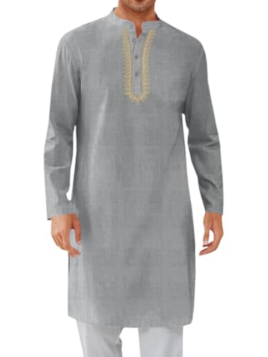 Yousify Mens Kaftan Thobe Casual Henley Shirts - color: Grey, size: XX-Large