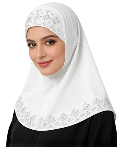 ZGMYC Women Shiny Rhinestones Muslim Hijab Elegant Long Turban Cap Head Wrap Scarf - color: White