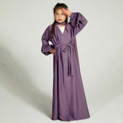Kids Girls Muslim Abaya Long Sleeve Snap Front Maxi Dress with Belt Robe Kimono Dubai Hijab Dress - color: Purple B, size: 5-6 Years