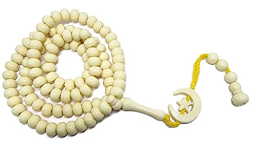 Islam Prayer Tasbih 99 Beads AMN-303 Muslim 8 mm. Rosary Bead Moon Star Decorated Tassels Haj Eid Ramadan Gift (Cream) - color: Cream