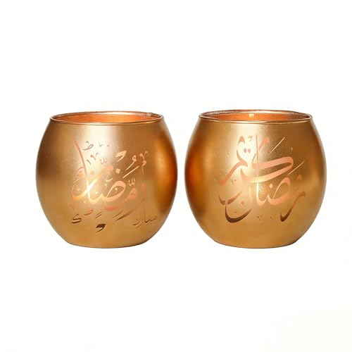 Gold Eid Decorations for Home 2 Pcs, Elegant Islamic Gifts, Arabic Calligraphy Laser Etched Glass Tealight Candle Holders, Ramadan Kareem & Eid Mubarak Votive Holders for Table Decor - color: Gold