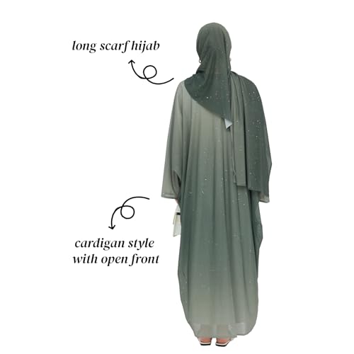 Muslim Women Abaya Gradient Flash Cardigan Sequin Robe with Hijab | Gradient Color, Flash Sequin, Scarf Hijab - color: 아미 그린., size: M