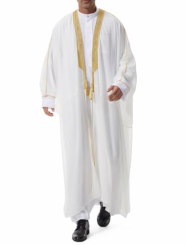 OBEEII Men Muslim Thobe Open Front Chiffon Ramadan Abaya Cardigan Dubai Saudi Embroidery Eid Islamic Clothes Prayer Kaftan - color: White, size: Medium