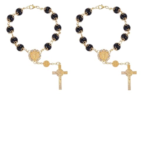 Cobee Car Rosary for Rearview Mirror, 2 Pieces Car Mirror Hanging Cross Auto Rosary Rear View Mirror Pendant Car Hanging Accessories Interior Decors for Women Men (Black Gold) - color: Black Gold