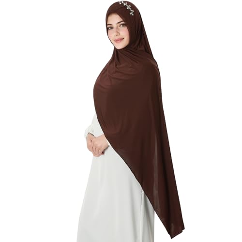 khalat Instant Hijab 여성용 무슬림 샤이니 라인스톤 데일리 스카프 부드럽고 신축성 있는 단색 이슬람 기도 히잡 - color: 커피.