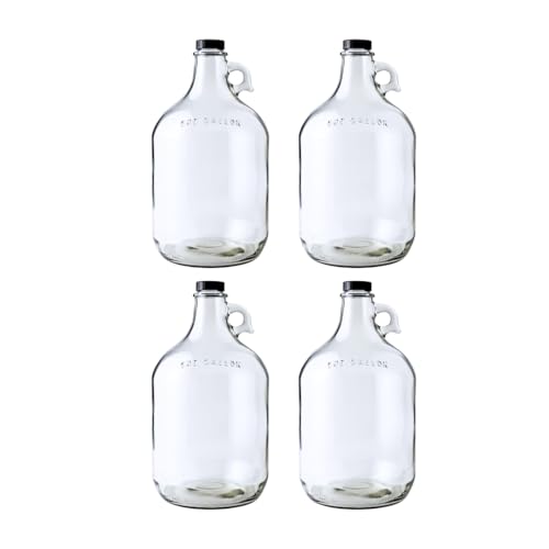 1 Gallon Glass Jug 4 Pack with Polyseal Caps | 128 oz | Laundry container | Clear Glass Jugs with Lids 1 Gallon for water, juice, syrups and household storage | with sturdy handles and reusable design - size: 4 Count (128 oz per bottle)