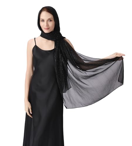 OurLore Chiffon Shawls Wraps for Women Sheer Glitter Scarf Sparkly Rhinestones Shoulder Sarong Cover Up Hijab for Wedding - color: Black