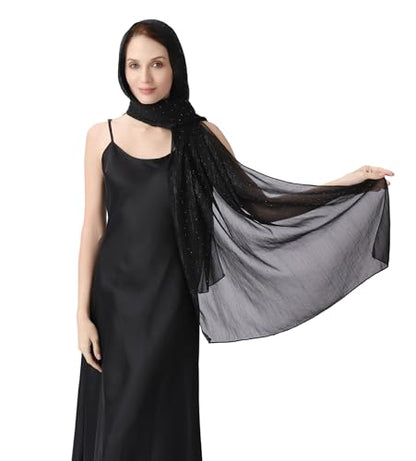 OurLore Chiffon Shawls Wraps for Women Sheer Glitter Scarf Sparkly Rhinestones Shoulder Sarong Cover Up Hijab for Wedding - color: Black