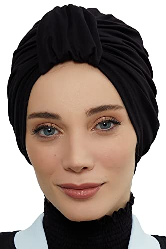 Aisha's Design Instant Turban Plain Cotton Scarf Head Wrap Lightweight Hat Bonnet Cap for Women - color: Black
