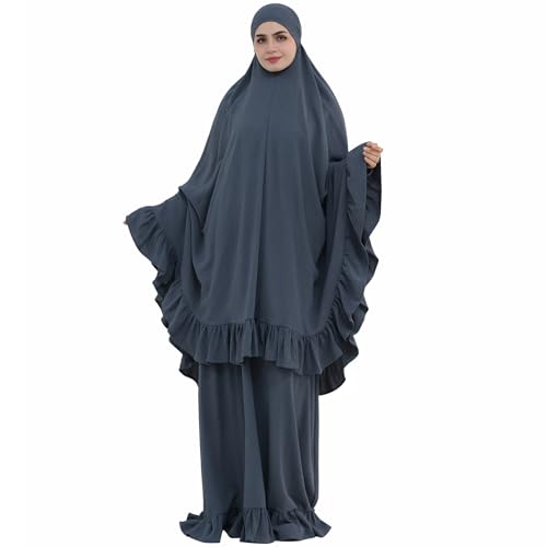 2PCS Women Muslim Prayer Abaya Dress Ruffle Trim Side Pockets with Khimar - color: Dark Gray, size: Medium