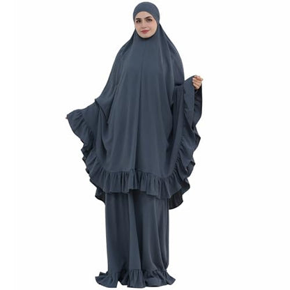 2PCS Women Muslim Prayer Abaya Dress Ruffle Trim Side Pockets with Khimar - color: Dark Gray, size: Large