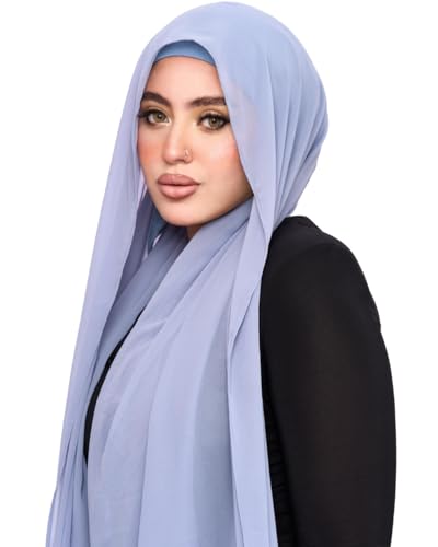 Instant Chiffon Hijab 3-in-1 with Built-in Magnets and Attached Match Undercap, Women Hijabs Set. - color: Sky Blue