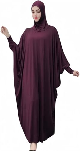 Women's Solid Muslim One-Piece Prayer Dress Abaya Kaftan with Hijab Full Length Dress - color: Purple