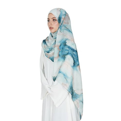 Printed Hijab for Women Printing Hijab Scarf for Women Muslim Islamic Prayer Clothes 1pc Muslim Women's Khimar - color: Teal Marble