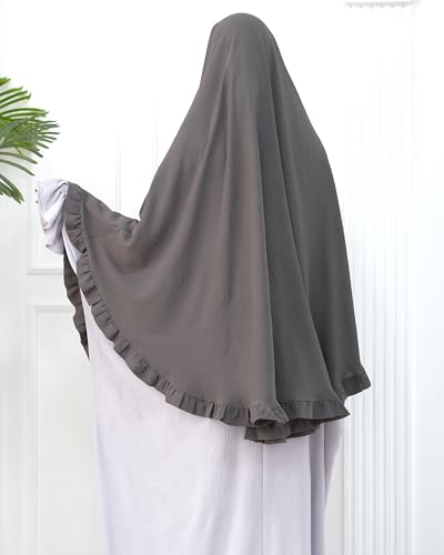 Muslim Prayer Hijab Solid Color Ruffled Head Scarf Women Islamic Head Cover Khimar - color: Dark Grey