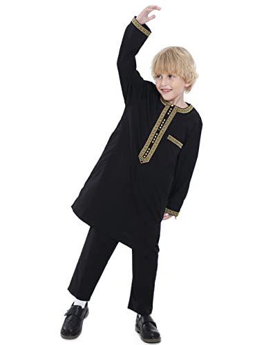 Boy's Muslim Clothing Kaftan Set - Middle East Youth Embroidered Robe Suit Round Neck Islamic Dress Arabic Wear - color: Black, size: 19