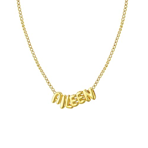 Ldurian Personalized Bubble Name Necklace, Tiny Name Plate Pendant Necklace, 14K Gold Plated Charm Cute Pre-made Jewelry for Women - size: 12 Aileen