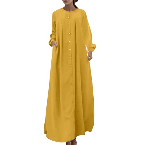 Muslim Dresses for Women Long Sleeve Muslim Prayer Dress Loose Button Down Tunic Flowy Maxi Dress Summer Clothes - color: Yellow, size: X-Large