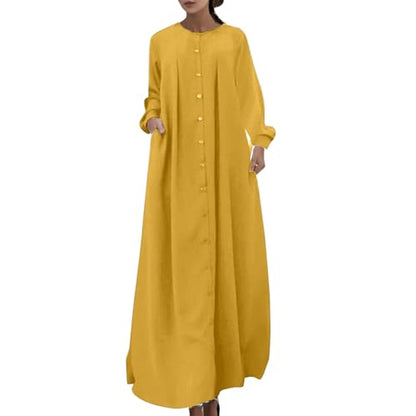 Muslim Dresses for Women Long Sleeve Muslim Prayer Dress Loose Button Down Tunic Flowy Maxi Dress Summer Clothes - color: Yellow, size: X-Large