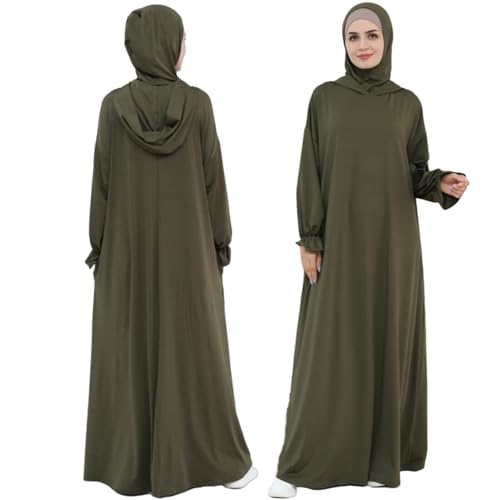 Muslim Dress for Women Pakistani Kaftan Abaya Robe Arabic Islamic Prayer Clothes Dubai Outfits - color: Army Green