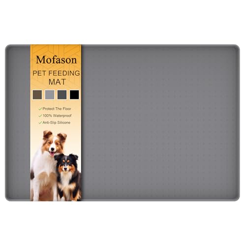 Mofason Silicone pet Food mats for Floor Waterproof Water Tray for pet Bowl | Grey 24" x 16" xl pet food mat 0.5” inch raised edge, cat food mats for indoor, pet feeding mat water bowl tray for floors