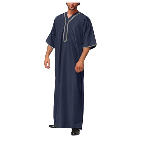 Thobe for Men Muslim Islamic Robe Kaftan Long Sleeve Jubba Arabic Dress Ramadan Eid Traditional Gown A14 - color: Navy, size: 4X-Large