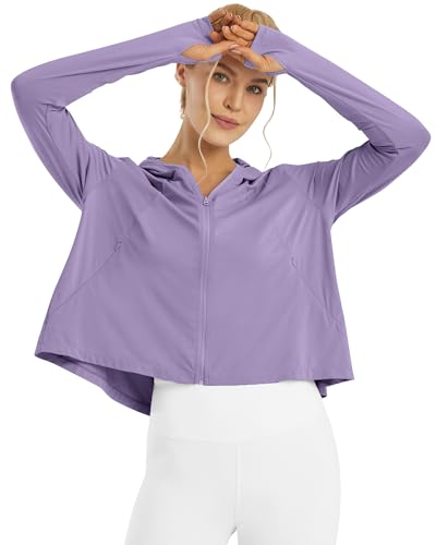 G4Free Skimetic Womens UPF 50+ Sun Hoodie Shirts - Quick Dry Running Jacket Long Sleeve Rash Guard Zip Pocket Hiking Athlete - color: Gray Purple, size: Small