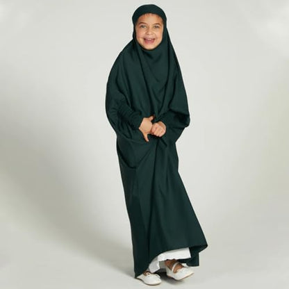 IDOPIP Muslim Dress for Girls One Piece Long Sleeve Islamic Prayer Dress with Hijab Casual Maxi Kaftan Abaya Gown Clothes - color: Green, size: 12-13 Years