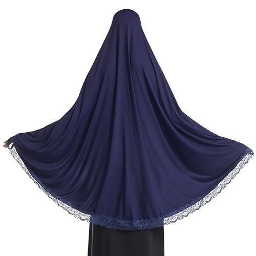 Prlemend 여성용 무슬림 히잡 두바이 실크 스카프 레이스 헤드 랩 스카프 단색 숄 | Milk Silk Fabric, Lace Edge - color: 다크 블루, size: X-Large