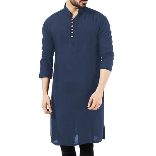 Men's Casual Top Thobe Solid Stand Muslim Robe Long Sleeve Button Loose Jubba Shirt And Pants Two Piece Set - color: Blue-b, size: Large
