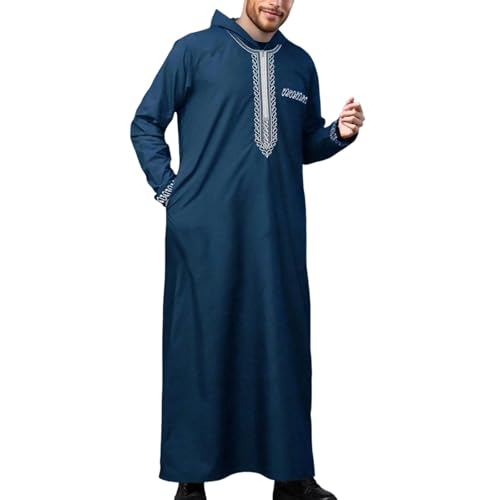 Men's Muslim Middle Arab Casual Long Sleeve Loose Hood Big and Tall Long Gown Dress Muslim Kaftan Thobe - color: Blue, size: Medium