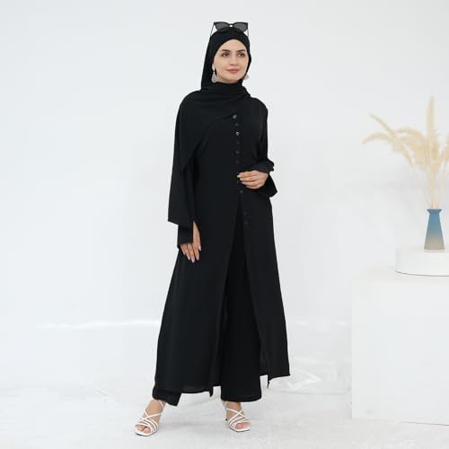 IDOPIP Muslim Women 2-Piece Set Long Sleeve Ramadan Islamic Abaya Dress Shirt with Pants Loose Fit Casual Dubai Prayer Outfit - color: Black, size: X-Small-Small