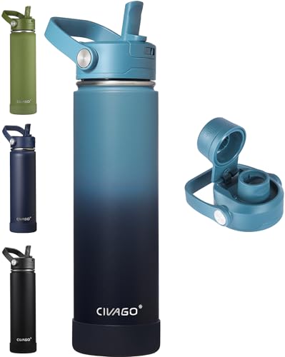CIVAGO 24 oz Insulated Stainless Steel Water Bottle with Detachable Straw, Large Metal Water Jug with Bucket Handle, Leakproof Sports Water Flask with Silicone Boot, Dishwasher Safe, Indigo Black - color: .Indigo Black, size: 24 Ounces