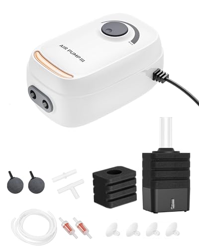 MoonOrange 3W/6W Aquarium Air Pump, Adjustable Aquarium Aerator with 2-Outlet, Super-Powerful & Quiet Oxygen Pump for Fish Tanks up to 100/200 Gallon with Full Accessories.(Upgrade Noise-Reduce) - style: AR-10 NEW Pump+Sponge Filter-S
