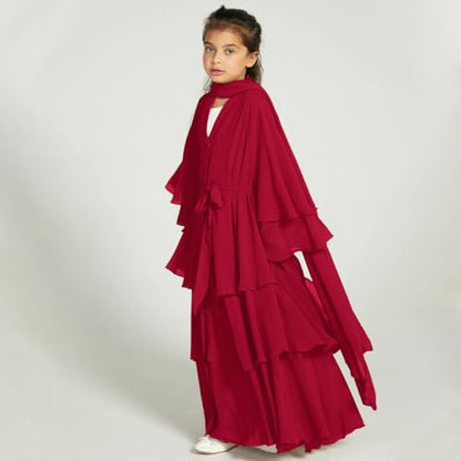 Chiffon layered Open Abaya Dubai Kaftan Muslim Cardigan Abayas Dresses For Girls Casual Robe Kimono Islam Clothing - color: Claret, size: 11-12 Years