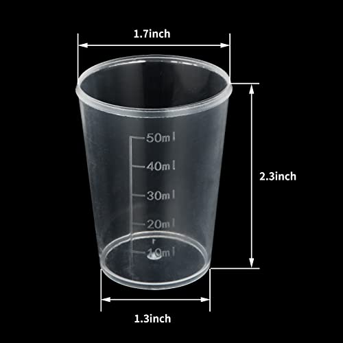 100pcs 50ML Plastic Graduated Measuring Beaker Set, Clear Liquid Measuring Mixing Cups for Epoxy Resin, Liquid Container Beakers for Resin Epoxy Paint Food, Lab Use, Raised Graduations, Tapered Spout - size: 50ML
