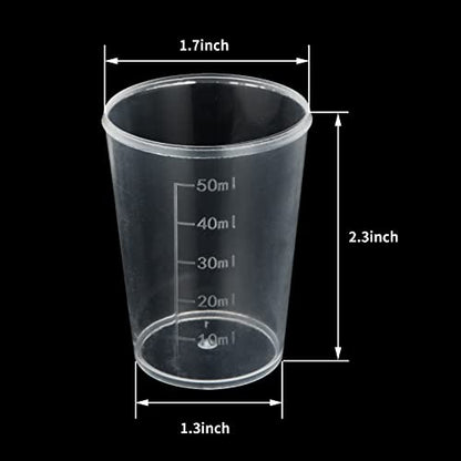 100pcs 50ML Plastic Graduated Measuring Beaker Set, Clear Liquid Measuring Mixing Cups for Epoxy Resin, Liquid Container Beakers for Resin Epoxy Paint Food, Lab Use, Raised Graduations, Tapered Spout - size: 50ML