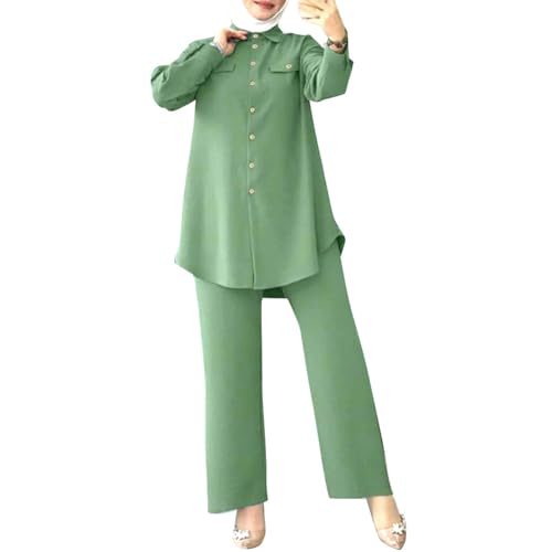 ODIZLI Muslim Long Sleeve Blouse Wide Leg Pants Suits Autumn Solid Abaya Women Matching Sets 2PCS Tracksuits Turkey Kaftan - color: Light Green- Button Down Shirt, size: XX-Large