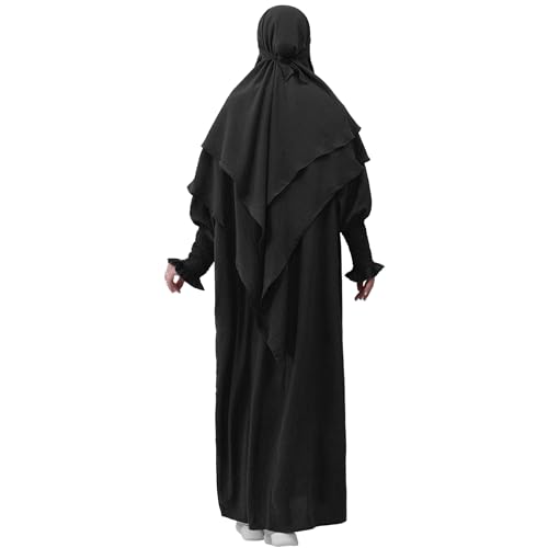 khalat Womens Muslim Prayer Dress Front Zipper Kaftan Islamic Robe Modest Solid Abayas for Women Muslim - color: Black+hijab