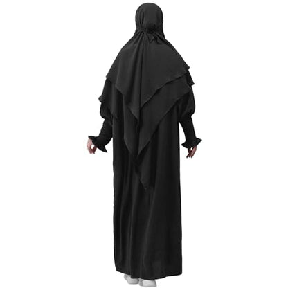 khalat Womens Muslim Prayer Dress Front Zipper Kaftan Islamic Robe Modest Solid Abayas for Women Muslim - color: Black+hijab