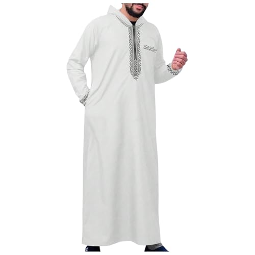 Men's Muslim Middle Arab Casual Long Sleeve Loose Hood Big and Tall Long Gown Dress Muslim Kaftan Thobe - color: White, size: XX-Large