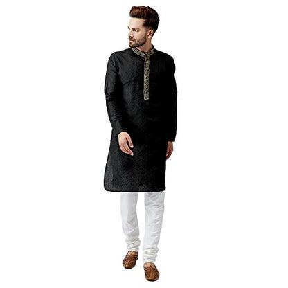 Sojanya (Since 1958 Men'S Teal Silk Blend Kurta Churidar Pyjama Set - color: Black and Off White, size: XX-Large
